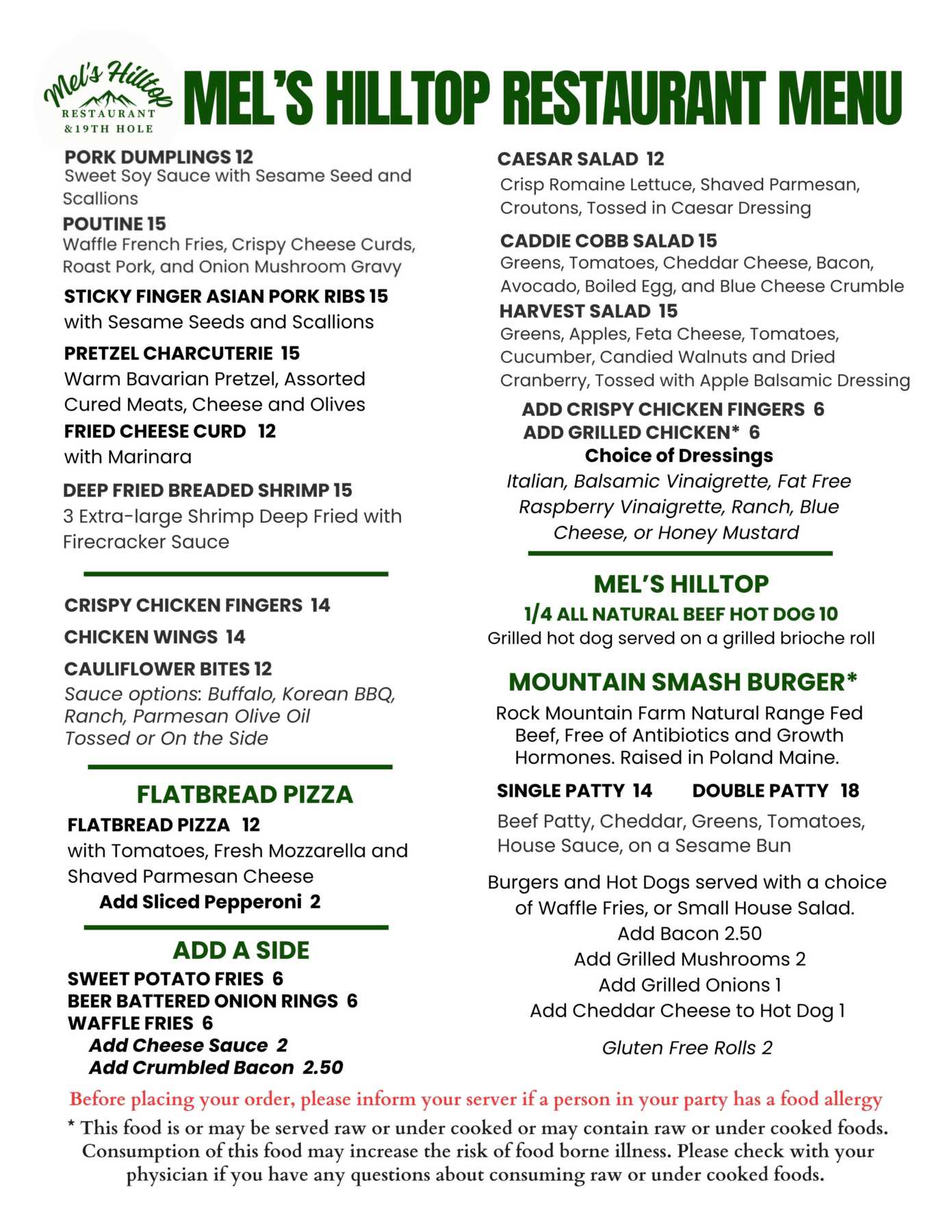 Mel's Hilltop Menu
